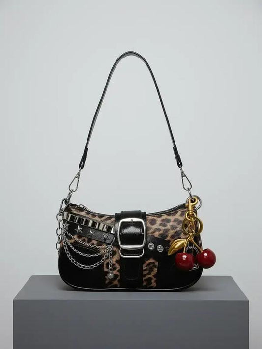 Chic Women’s PU Leather Shoulder Bag - Vintage Leopard Print Colorblock Crescent Clutch with Glamorous Chain Detail